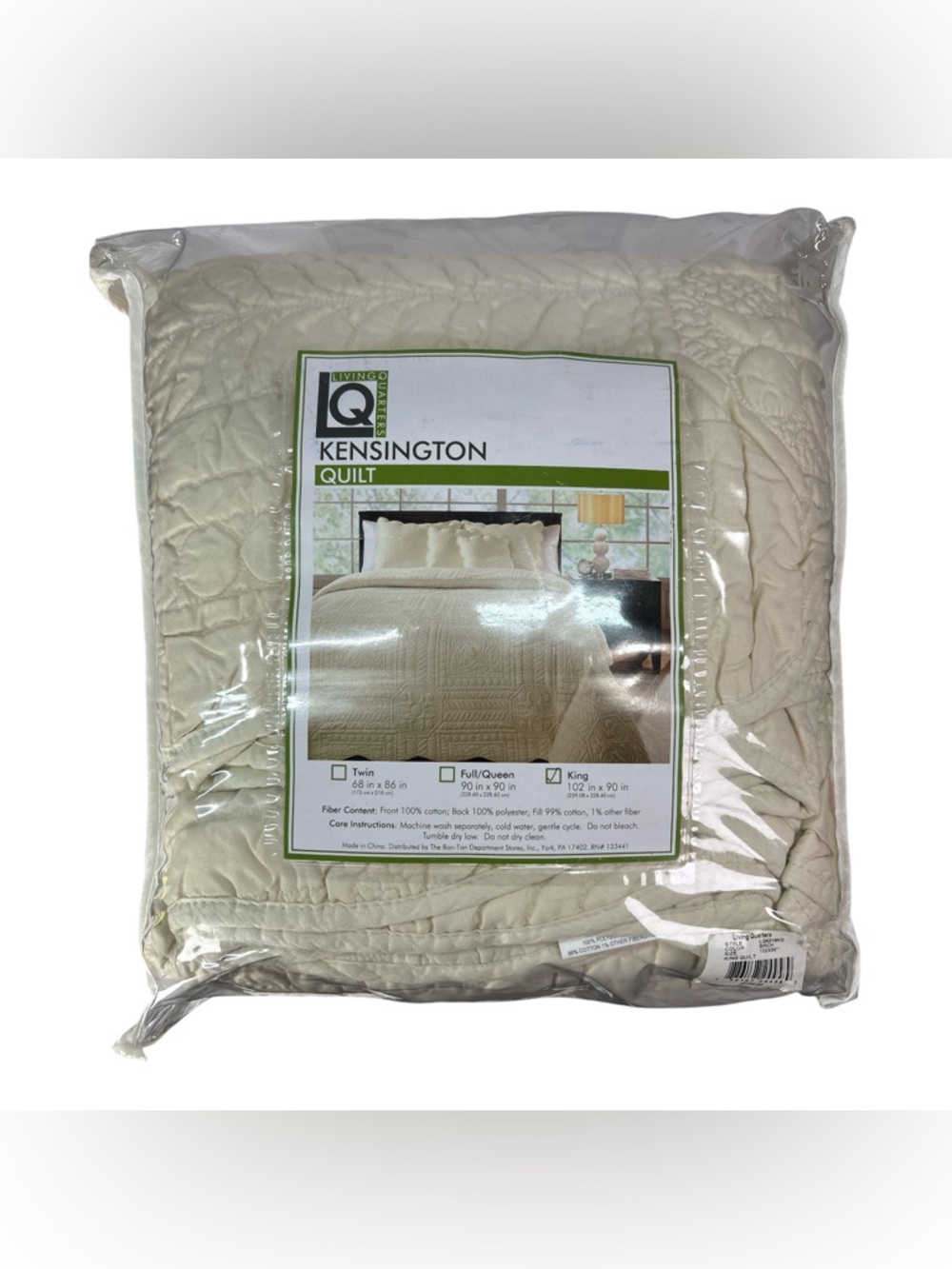 Living Quarters Kensington King Size Quilt 102x90 Birch Ivory 100% Cotton Front